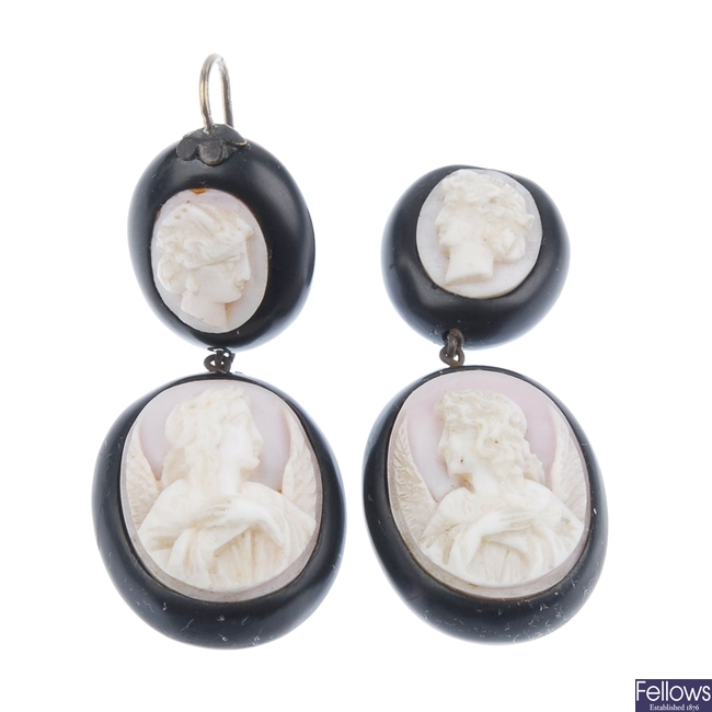 Shell and jet cameo earrings.