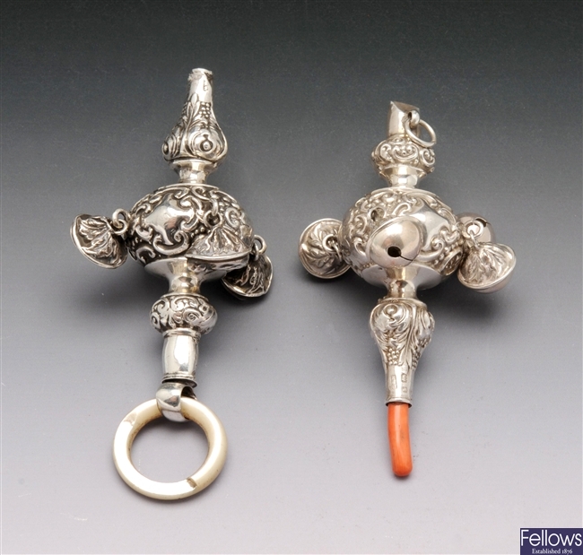 Two silver rattles
