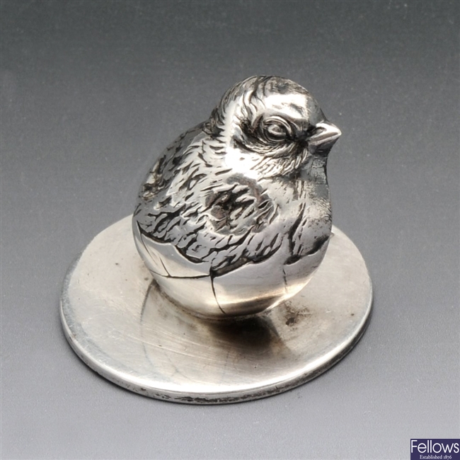 Edwardian silver hatching chick menu holder