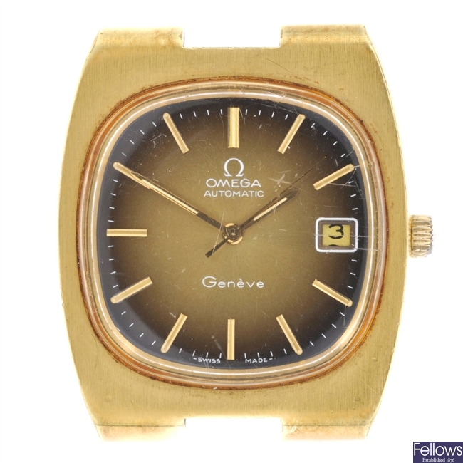 A gold plated gentleman's Omega Geneve watch head.