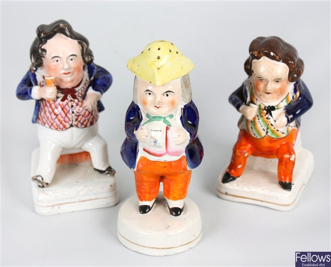 Three 19th century Staffordshire table cruets and two Staffordshire figurines