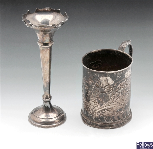 Silver Christening mug and bud vase.