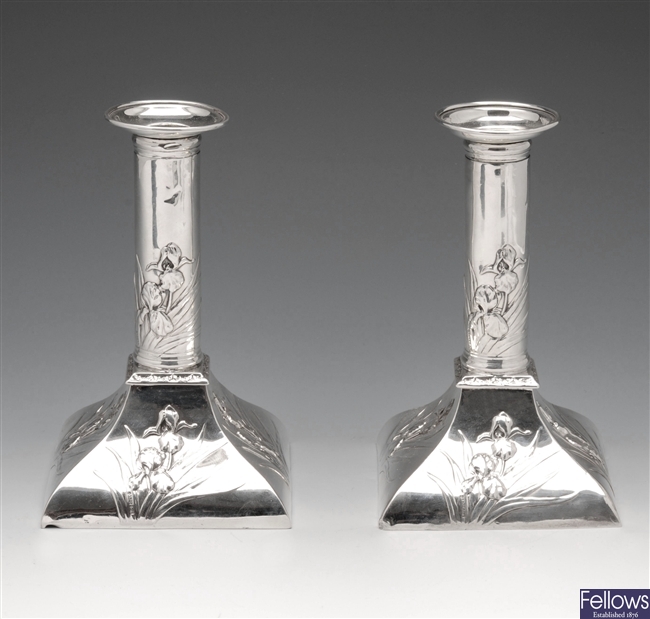 Matched pair of silver Art Nouveau candlesticks.