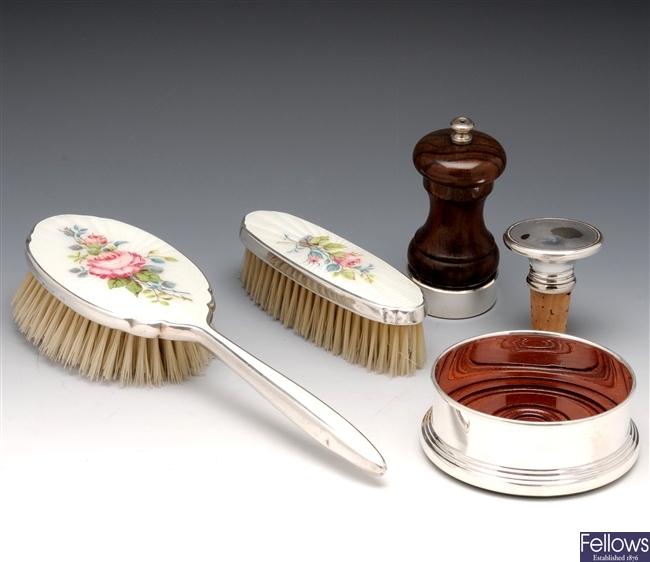 Silver plated items to include hand brush, clothes brush, coasters, etc.