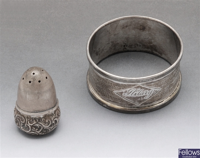 1940's silver napkin ring and Edwardian acorn pepper.