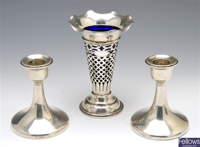 Edwardian silver bud vase & 1930's silver candlesticks.
