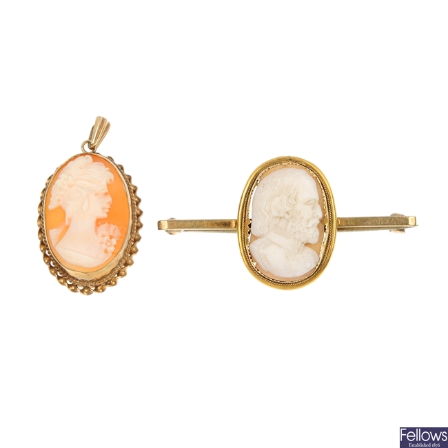 A cameo brooch and 9ct gold cameo pendant.