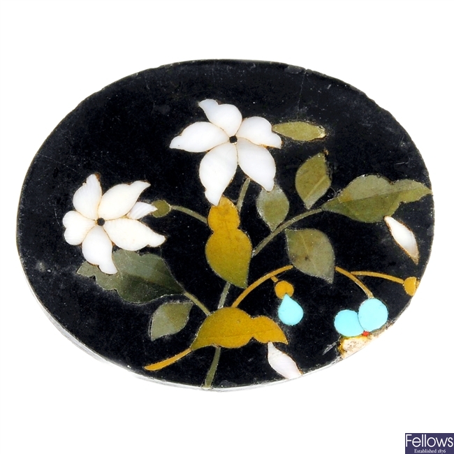 A selection of pietra dura panels, shell cameos and agates.