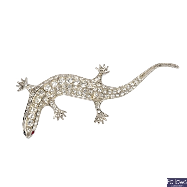 BUTLER & WILSON - a paste lizard brooch and two Attwood and Sawyer brooches.