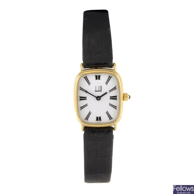 A gold plated quartz lady's Dunhill wrist watch.