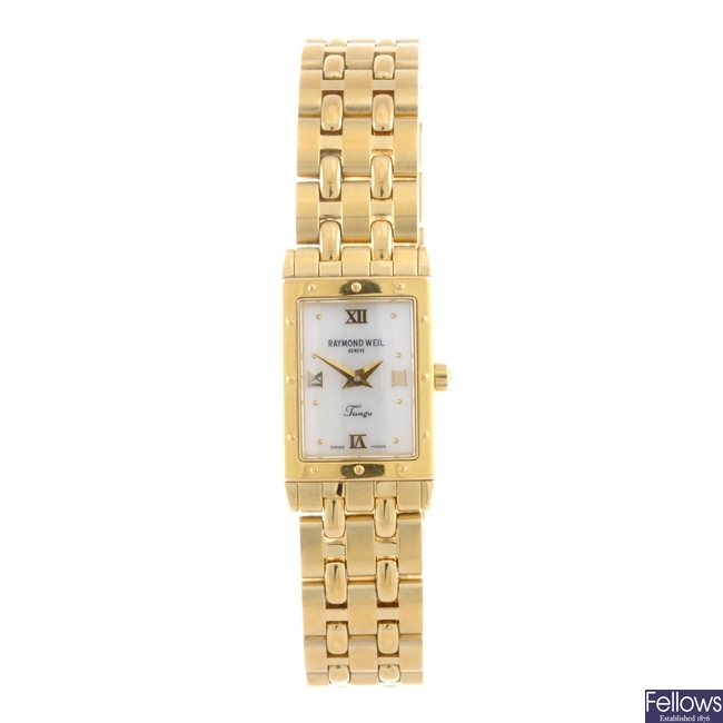 A gold plated quartz Raymond Weil bracelet watch.