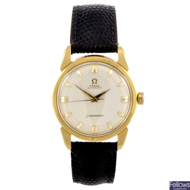An 18ct gold automatic gentleman's Omega Seamaster wrist watch.