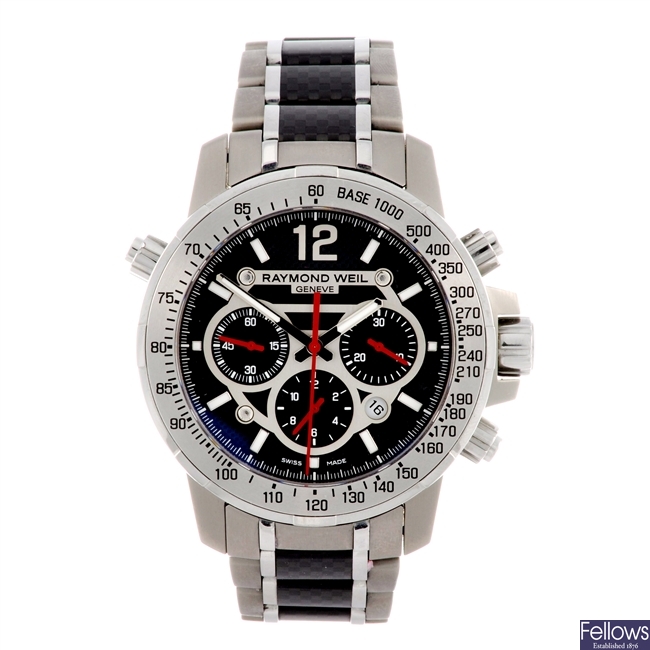 A stainless steel and titanium automatic chronograph gentleman's Raymond Weil bracelet watch.
