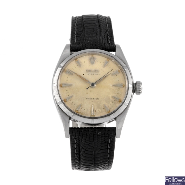 A stainless steel manual wind gentleman's Rolex Oyster wrist watch.