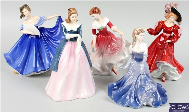 A group of seven Royal Doulton and Coalport china figurines