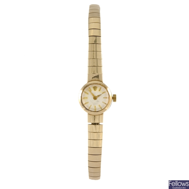 A 9ct gold manual wind lady's Rolex bracelet watch.