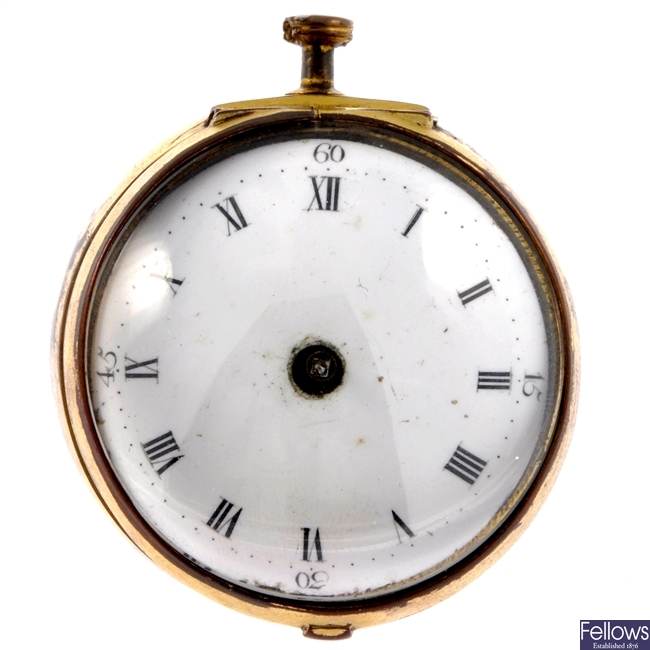 An incomplete 18th century gilt key wind pair case pocket watch by Richard Walley.