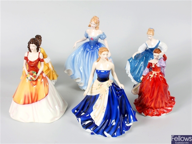 Six Royal Doulton bone china figurines.