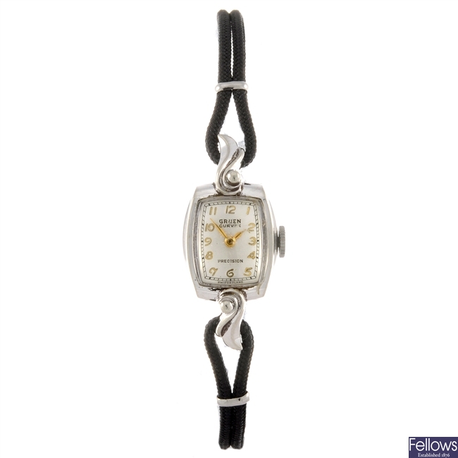 A 10k white gold filled manual wind lady's Gruen wrist watch.