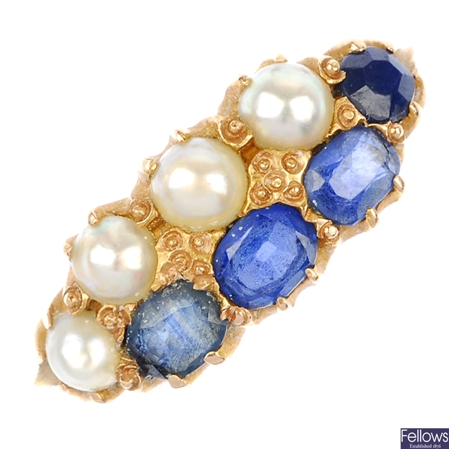 A mid 20th century 18ct gold sapphire and split pearl cluster ring.