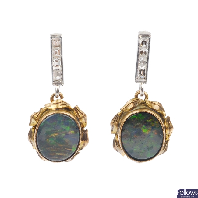 A pair of opal triplet and diamond ear pendants.