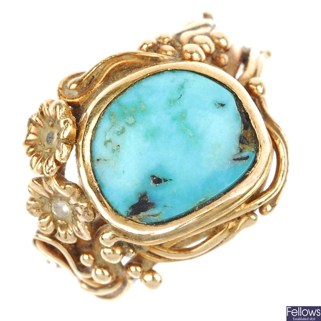 A 9ct gold turquoise and diamond dress ring.
