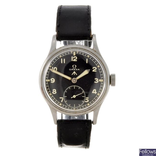 A stainless steel manual wind military issue wrist watch by Omega.