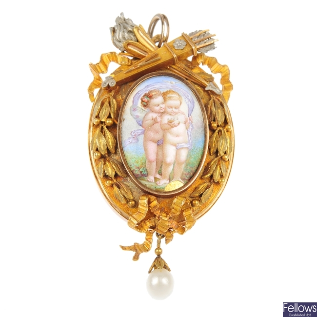 A mid 19th century French 18ct gold enamel pendant.