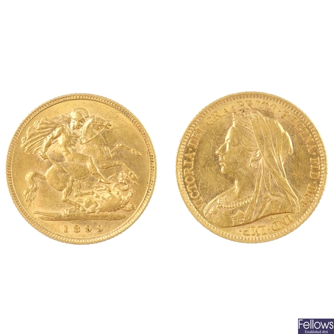 UK,Victoria, two Half-Sovereigns, 1899, 1900.