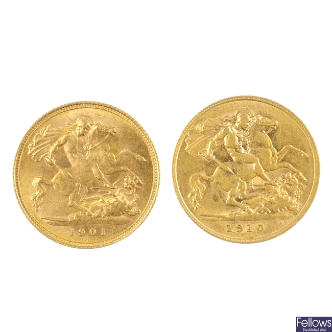 UK, two Half-Sovereigns, 1901, 1910.