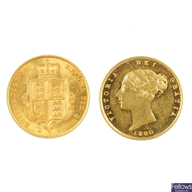 UK,Victoria, two Half-Sovereigns, 1841, 1860.