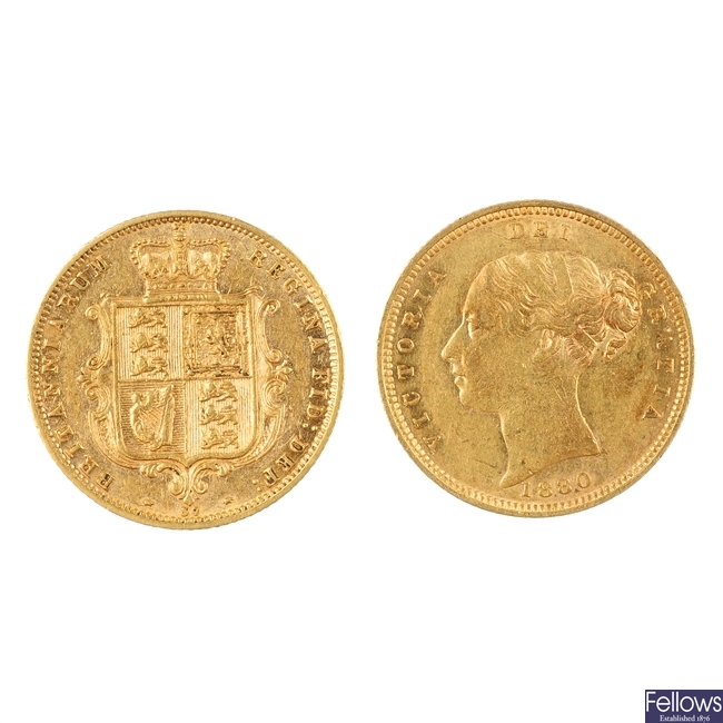UK,Victoria, two Half-Sovereigns, 1877, 1880.