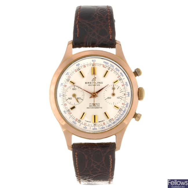 A gold plated manual wind gentleman's chronograph Breitling wrist watch.