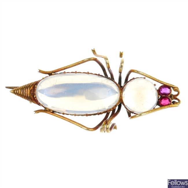 A moonstone, ruby and paste insect brooch.