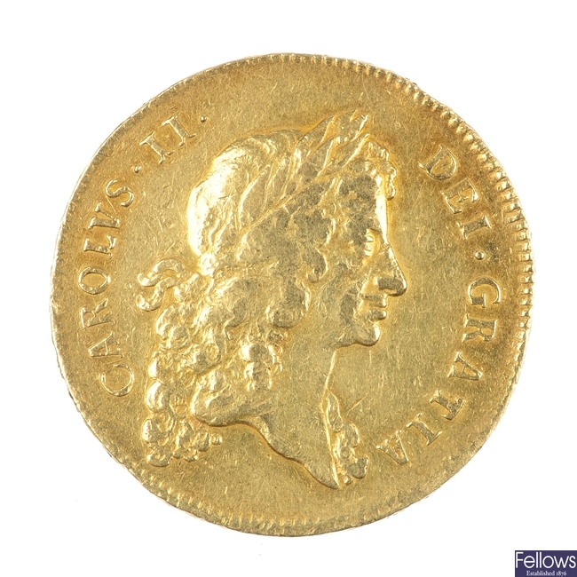 Charles II, gold Five-Guineas 1677.
