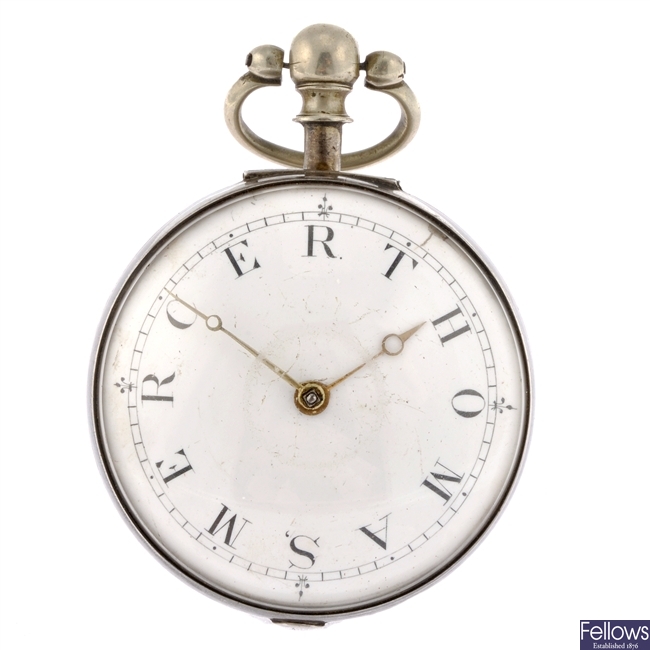 A silver key wind open face pair case pocket watch signed Thomas Mercer.