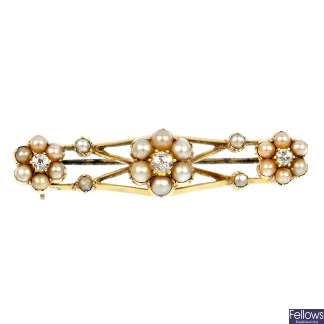 A late 19th century diamond and split pearl brooch.