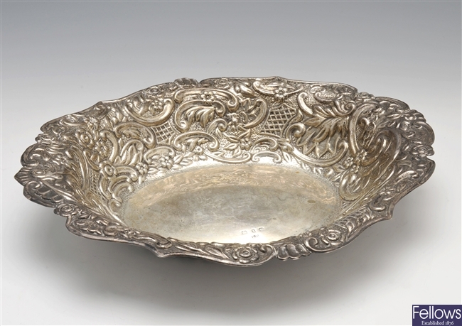 Late Victorian embossed silver dish.
