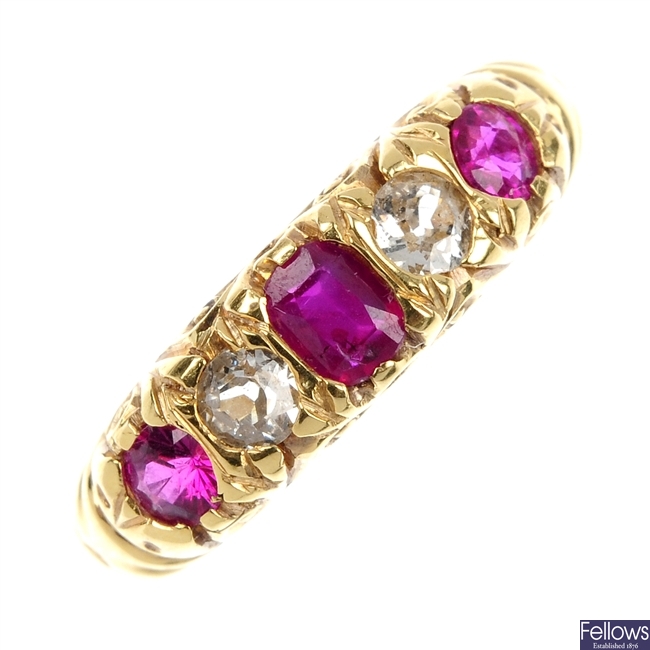 A ruby and diamond five-stone ring. 