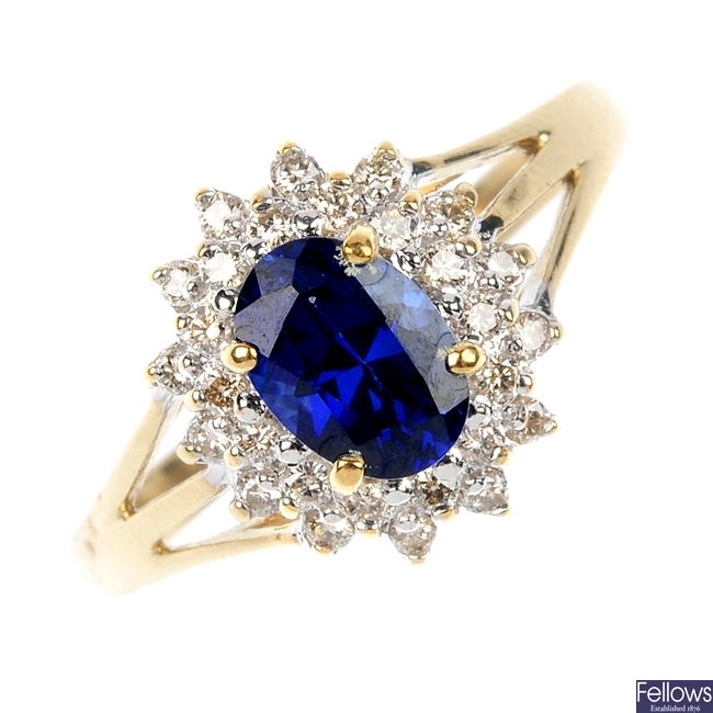 A synthetic sapphire and diamond ring.