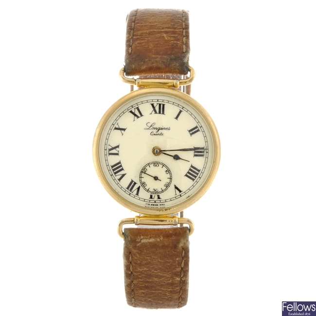 A gold plated quartz lady's Longines wrist watch.