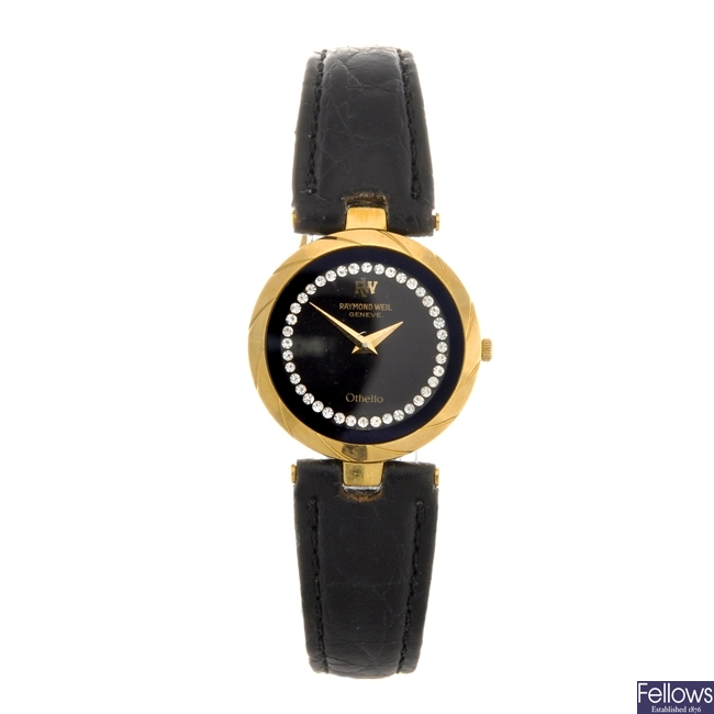A gold plated quartz lady's Raymond Weil wrist watch.