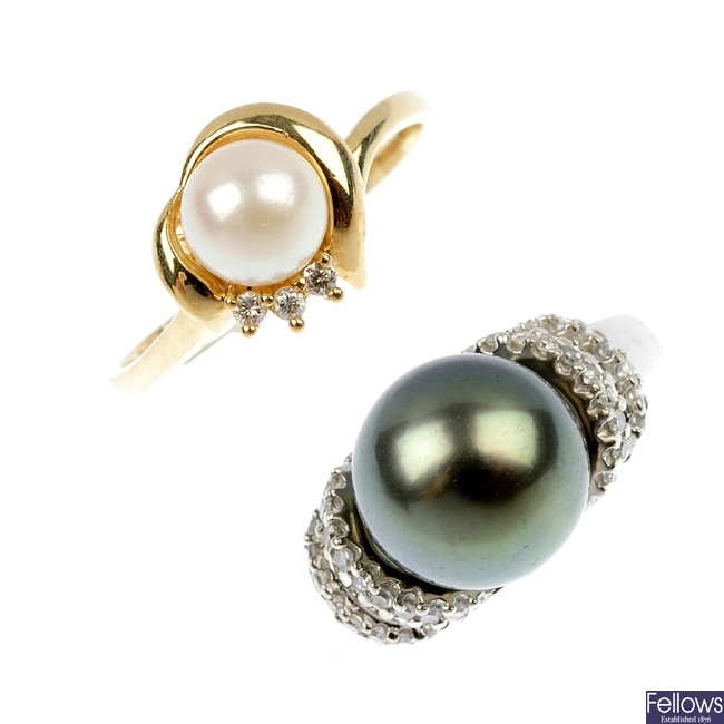 Two 9ct gold cultured pearl and diamond rings.