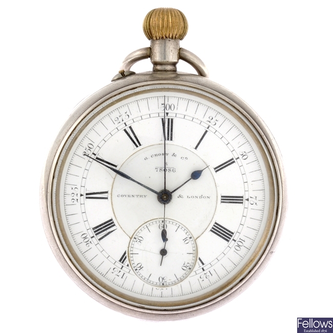 A 20th century silver keyless wind pocket chronograph signed G Croft & Company.