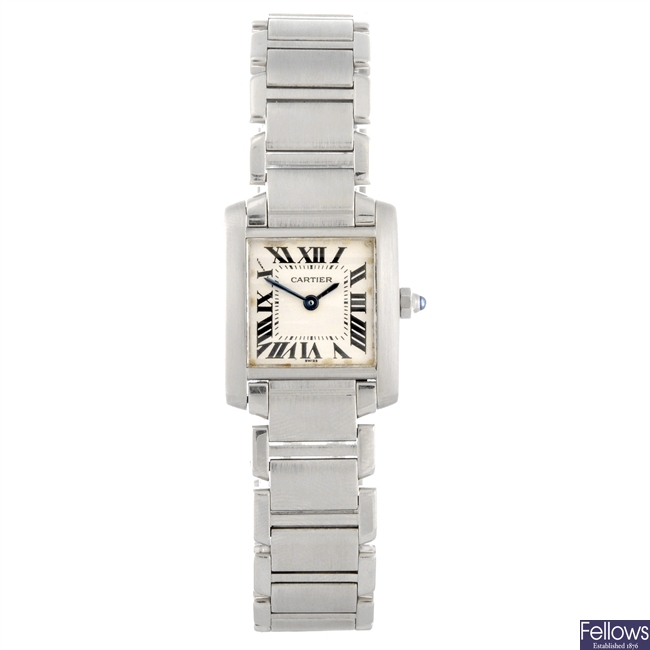 A stainless steel quartz lady's Cartier Tank Francaise bracelet watch.