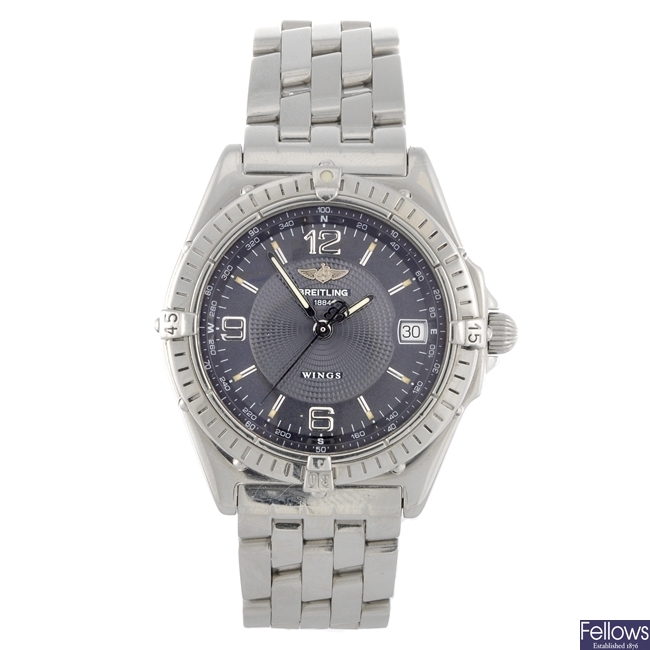 A stainless steel automatic gentleman's Breitling Windrider Wings bracelet watch.
