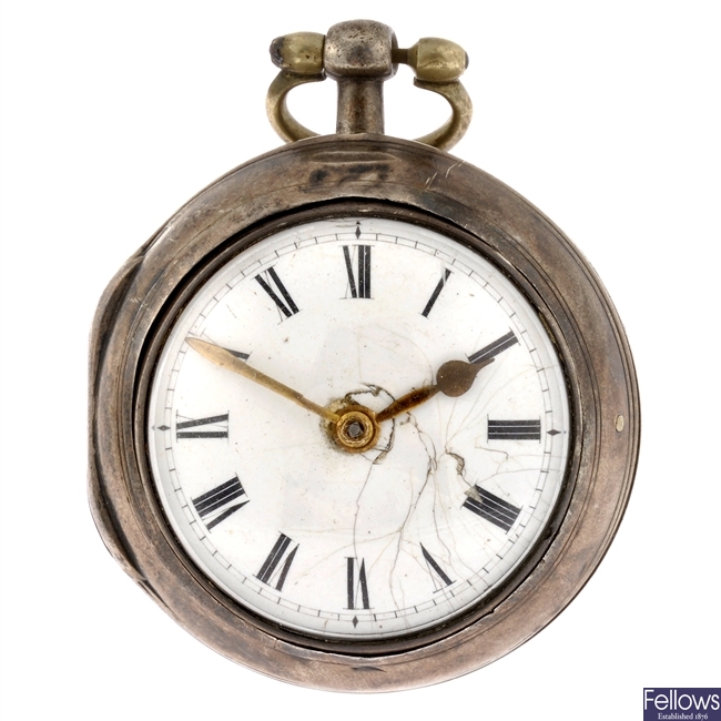 A George III silver key wind open face pair case pocket watch by Heeley & Burt.