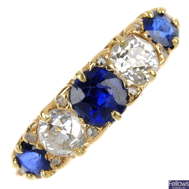 An early 20th century gold diamond and sapphire five-stone ring.