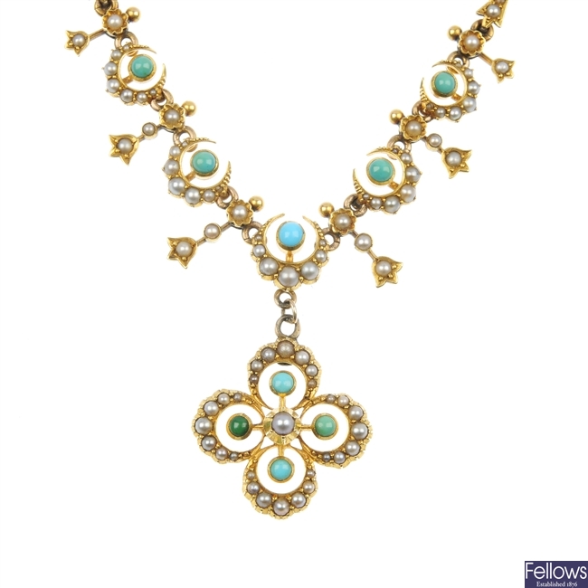 A late 19th century gold turquoise and split pearl necklace.