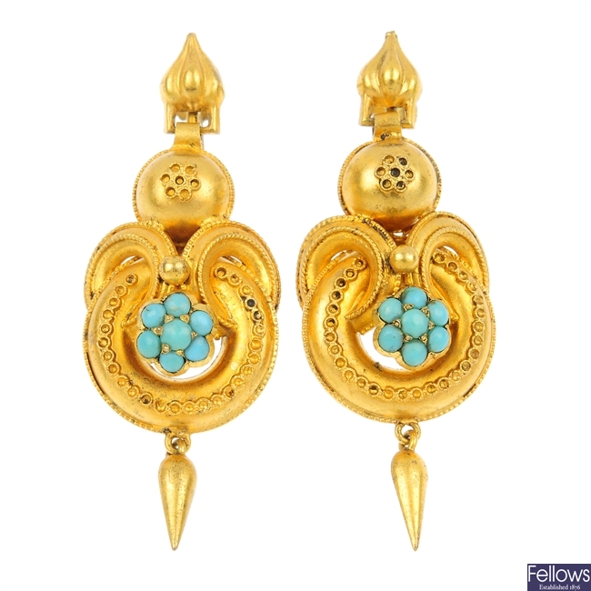 A pair of mid Victorian turquoise ear pendants, circa 1860.